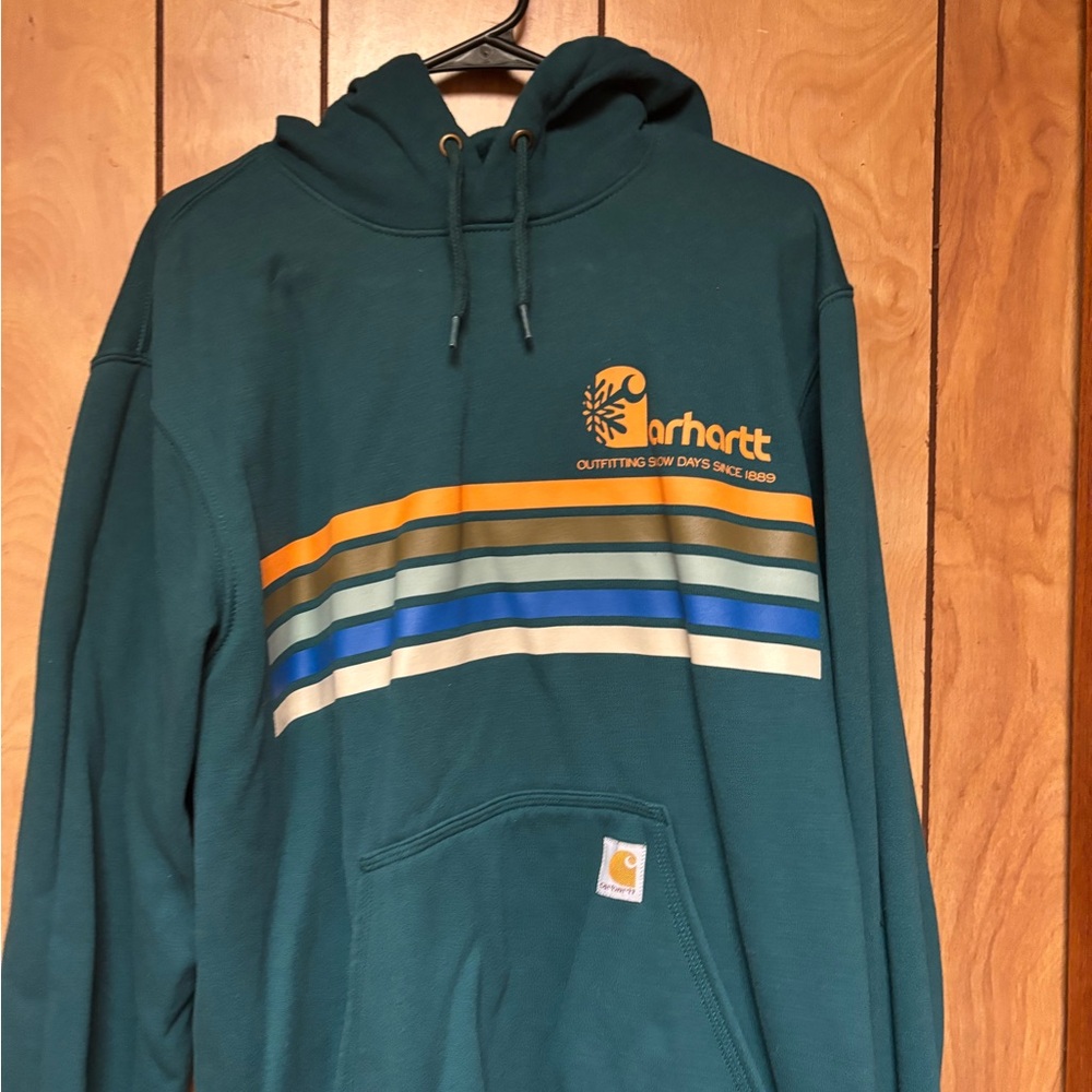 Carhartt Men's Teal Hoodie with Multicolor Stripes